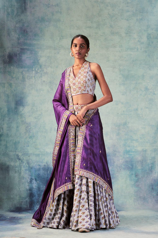 Grey Printed Lehenga Paired With Halter Neck blouse & Dupatta